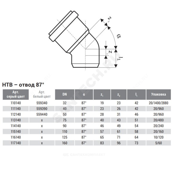 Отвод серый PP-H HT HTB Ostendorf