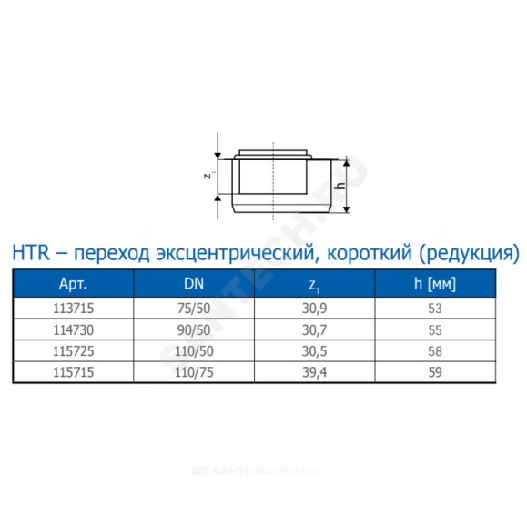 Переход эксцентрический короткий серый PP-H HT HTR Ostendorf