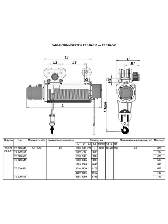 Таль электрическая передвижная ТЭ 320-521 г.п. 3200 кг в.п. 12 м