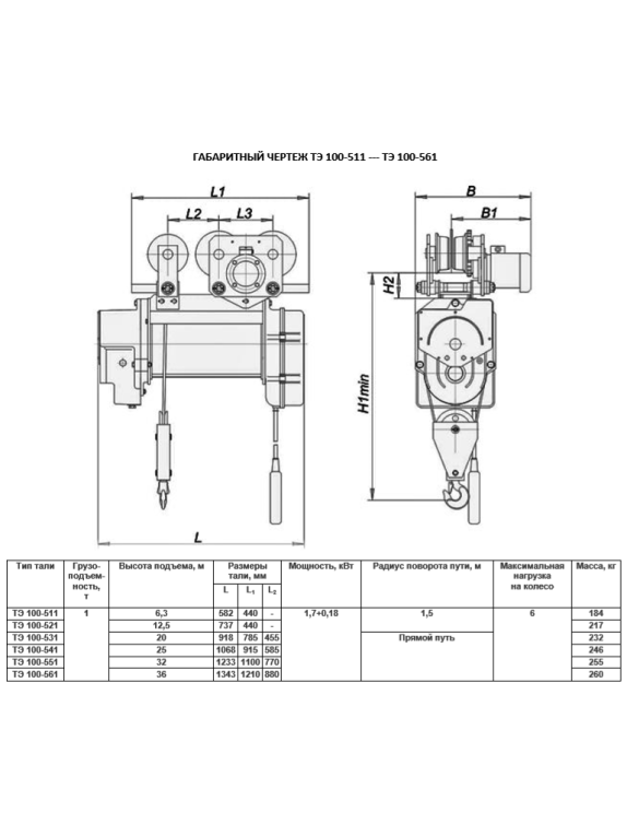 Таль электрическая передвижная ТЭ 100-541 г.п. 1000 кг в.п. 24м