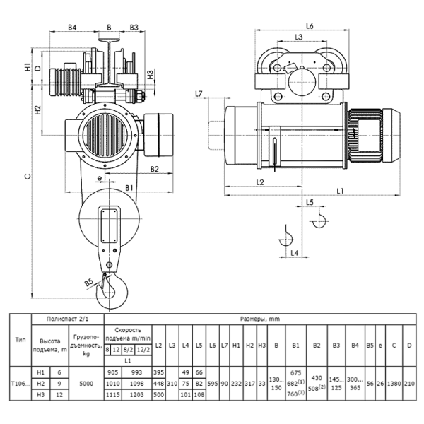 Таль электрическая передвижная 13 T10 622 г.п. 5 т; в.п. 9 м; полиспаст 2/1; ск. пер. 20 м/мин; ск. под. 8 м/ мин; Темп. реж. -20 + 40;  У3;Напряжение 380 В; Класс защ. IP 54; Подвесной пульт управления.