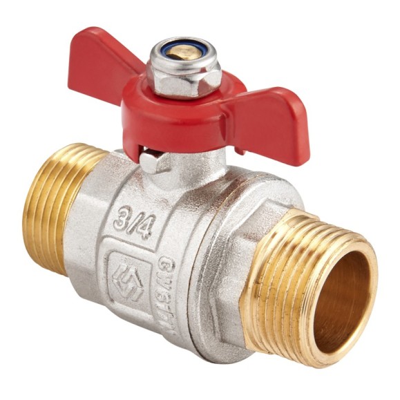 Кран латунный шаровой MVI BV.515 DN 20 PN 40 никелированный полнопроходной штуцер-штуцер бабочка