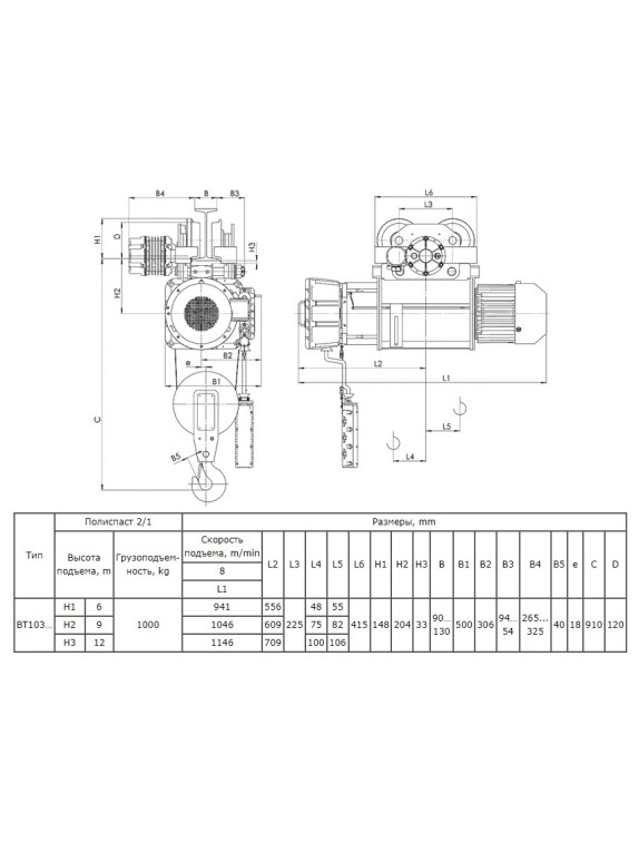 Таль электрическая передвижная взрывобезопасная ВT10 336 г.п. 1 т; в.п. 12 м; полиспаст 2/1; ск. пер. 20 м/мин; ск. под. 8 м/ мин; Темп. реж. -20 + 40; У3;Напряжение 380 В; Класс защ. IP 54; Подвесной пульт управления.