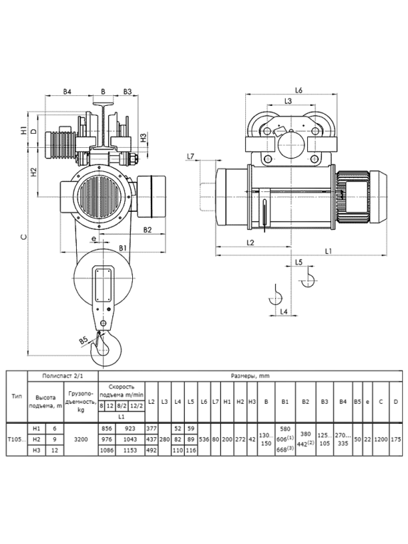 Таль электрическая передвижная 13 T10 522 г.п. 3.2 т; в.п. 9 м; полиспаст 2/1; ск. пер. 20 м/мин; ск. под. 8 м/ мин; Темп. реж. -20 + 40;  У3; Напряжение 380 В; Класс защ. IP 54; Подвесной пульт управления.