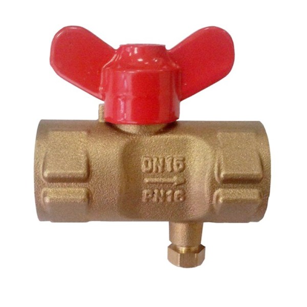 Кран латунный шаровой 11Б27п(М)1 DN 15 PN 16 трёхходовой под манометр G1/2"-М20х1,5 муфта-муфта бабочка Пензапромарматура