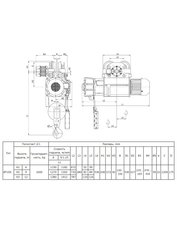 Таль электрическая передвижная взрывобезопасная ВT10 526 г.п. 3.2 т; в.п. 9 м; полиспаст 2/1; ск. пер. 20 м/мин; ск. под. 8 м/ мин; Темп. реж. -20 + 40; У3;Напряжение 380 В; Класс защ. IP 54; Подвесной пульт управления.