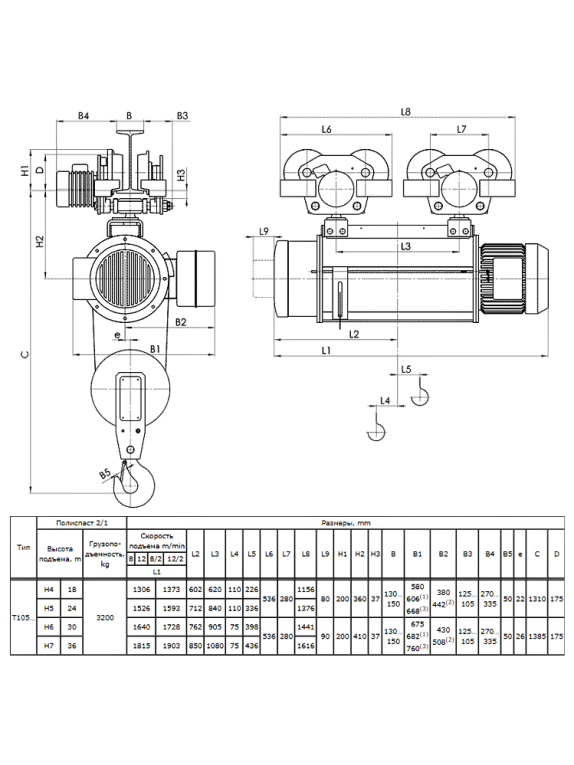 Таль электрическая передвижная 13 T10 552 г.п. 3.2 т; в.п. 24 м; полиспаст 2/1; ск. пер. 20 м/мин; ск. под. 8 м/ мин; Темп. реж. -20 + 40;  У3;Напряжение 380 В; Класс защ. IP 54; Подвесной пульт управления.
