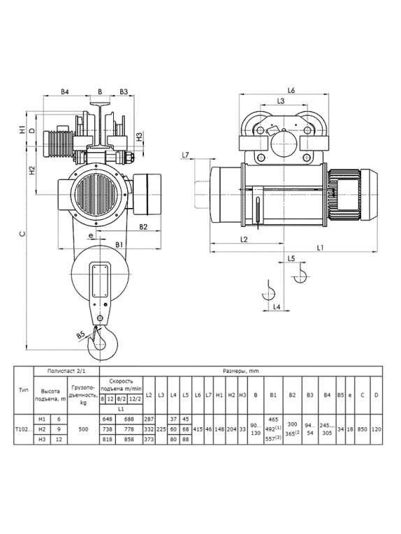 Таль электрическая передвижная 13 T10 222 г.п. 0.5 т; в.п. 9 м; полиспаст 2/1; ск. пер. 20 м/мин; ск. под. 8 м/ мин; Темп. реж. -20 + 40;  У3;Напряжение 380 В; Класс защ. IP 54; Подвесной пульт управления.