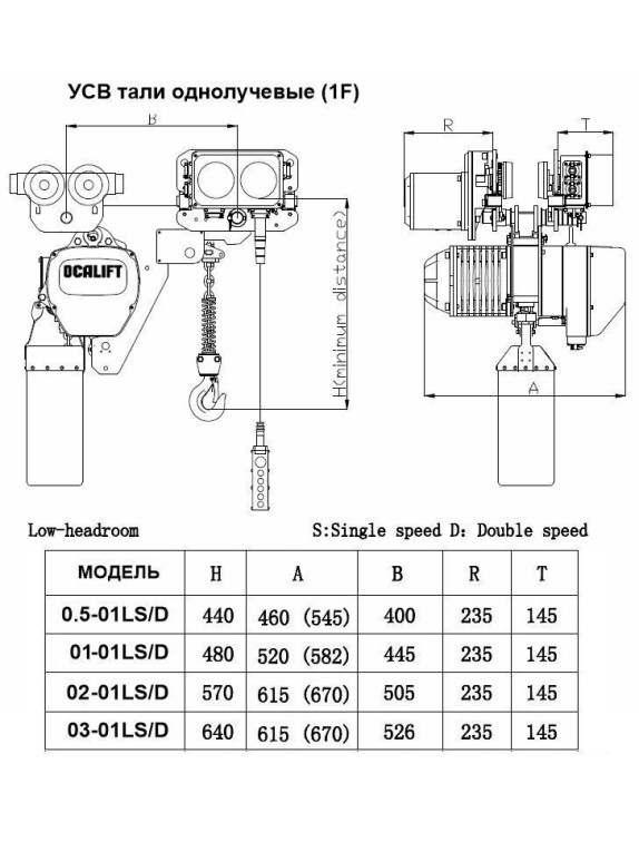 ТАЛЬ ЦЕПНАЯ ДВУХСКОРОСТНАЯ ПЕРЕДВИЖНАЯ OCALIFT 005-01LHD 0.5Т 6М УСВ