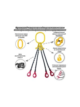 Четырехветвевой цепной строп КанТраст  на увеличенном звене 210x300, 4СЦ, 8.5/7000 мм с самозакрывающимися крюками и крюками укоротителями 4STSUVZ857000RCSK