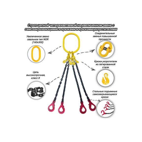 Четырехветвевой цепной строп КанТраст  на увеличенном звене 160x300, 4СЦ, 17.0/6000 мм с самозакрывающимися крюками и крюками укоротителями 4STSUVZ176000RCSK