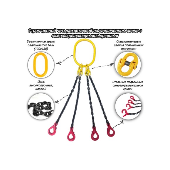 Четырехветвевой цепной строп КанТраст  на увеличенном звене 120x180, 4СЦ, 3.15/5000 мм с самозакрывающимися крюками 4STSUVZ3155000CSK