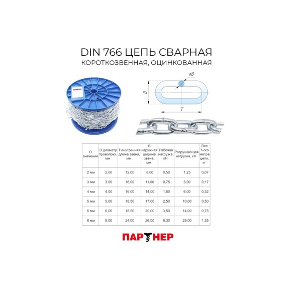 Цепь Партнер DIN 766, D5, сварная, короткозвенная,, оцинкованная, 5 м ФАС PAR000093963 5