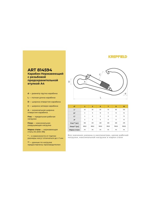 Нержавеющий карабин KREPFIELD 10x100 art 814594 а4 c резьбовой предохранительной втулкой 4 шт. 814594А4КАРАБИН10Х100-4