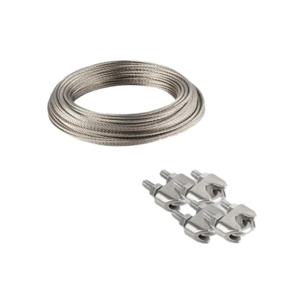 Трос 23 Болта нержавеющий, 3 мм, бухта 20 м + нержавеющие зажимы, 4 шт. 11353