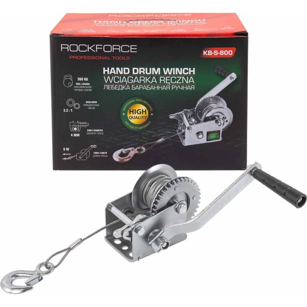 Лебедка ручная барабанная Rockforce 360 кг, стальной трос, диаметр троса 4 мм, длина троса 6 м RF-KB-S-800(59187)