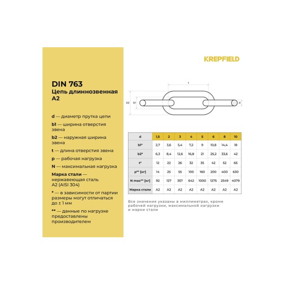 Цепь нержавеющая KREPFIELD 8x52 мм DIN 763 А2 сварная длиннозвенная 0,5 метра 763А2ЦЕПЬ8ММ-0,5