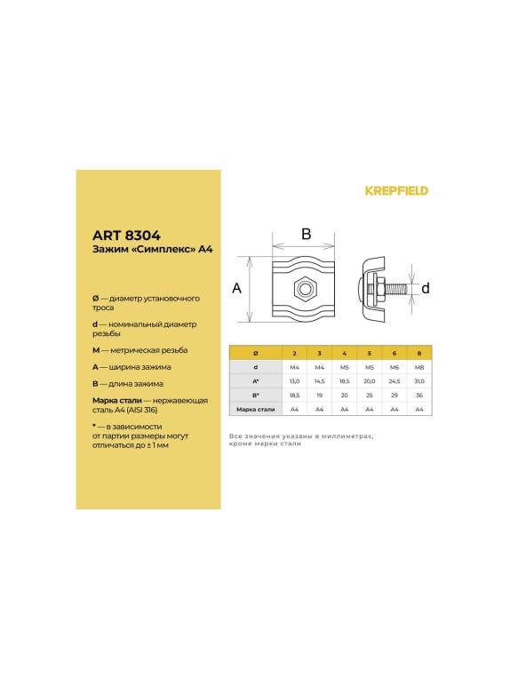 Зажим нержавеющий KREPFIELD 4 мм, "симплекс" А4, 4 шт, ART 8304 8304А4ЗАЖИМ4ММ-4