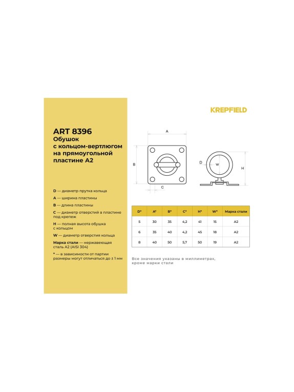 Нержавеющий обушок на прямоугольной пластине KREPFIELD 5 мм, art 8396, а2, 2 шт. 8396А2ОБУШОК5ММ-2