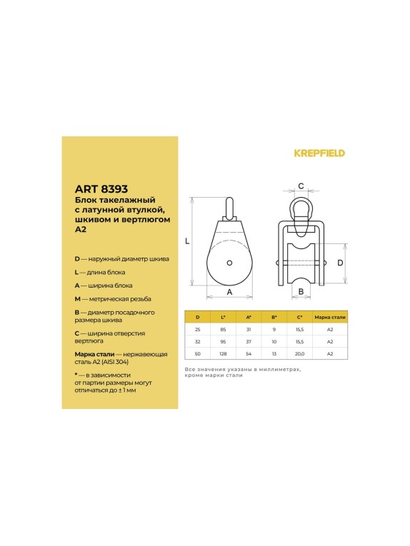 Нержавеющий такелажный блок с латунной втулкой KREPFIELD 25 мм, art 8393, а2, 2 шт. 8393А2БЛОК25ММ-2