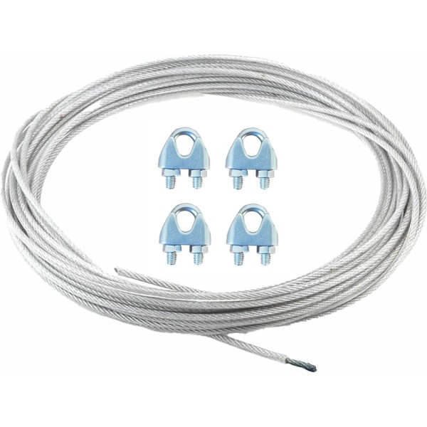 Трос стальной 23 Болта 4/5 с зажимами (4 шт.), цинк, в оплетке, 20 м B6H100405034007/B61100500031107-20м