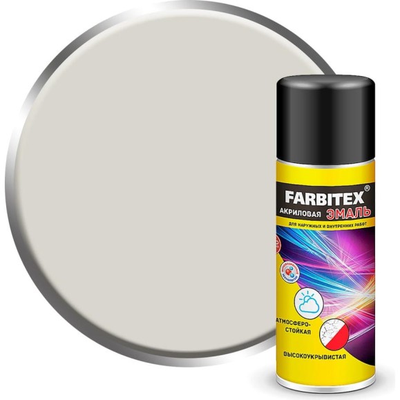 Акриловая эмаль Farbitex аэрозоль, 520 мл, RAL 9002 серо-белый 4100008945 Акриловая эмаль Farbitex аэрозоль, 520 мл, RAL 9002 серо-белый 4100008945