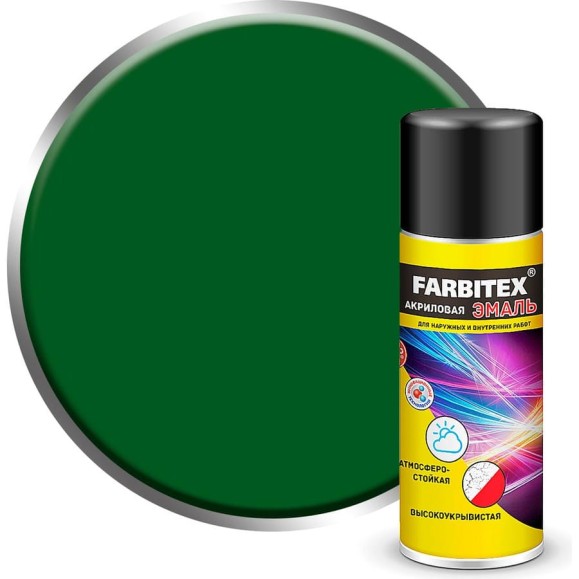 Акриловая эмаль Farbitex аэрозоль, 520 мл, RAL 6002 зелёный лист 4100008936 Акриловая эмаль Farbitex аэрозоль, 520 мл, RAL 6002 зелёный лист 4100008936