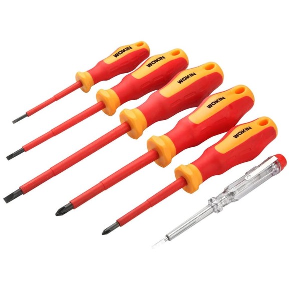 Набор диэлектрических отверток vde Wokin 6 шт, SL3x75, SL4x100, SL5.5x125, PH1x80, PH2x100 + индикаторная отвертка 3x140 мм 1352700 Набор диэлектрических отверток vde Wokin 6 шт, SL3x75, SL4x100, SL5.5x125, PH1x80, PH2x100 + индикаторная отвертка 3x140 мм 1352700