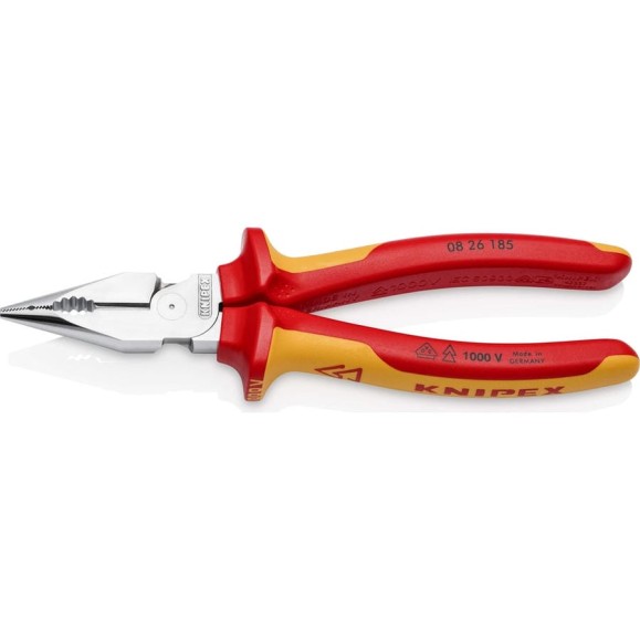 Комбинированные остроконечные плоскогубцы KNIPEX с удлинёнными губками, длина 185 мм, хром, двухкомпонентные диэлектрические ручки SB KN-0826185SB Комбинированные остроконечные плоскогубцы KNIPEX с удлинёнными губками, длина 185 мм, хром, двухкомпонентные диэлектрические ручки SB KN-0826185SB