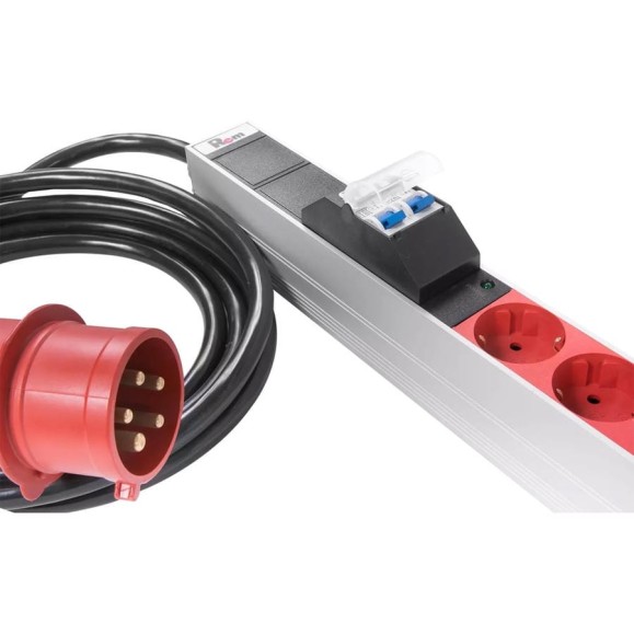 Блок силовых розеток Rem -3x32, вертикальный, неуправляемый, Shuko х 24, вход IEC 320 309 3PN, шнур 3 м, 1863мм, трехфазный 32А, автомат + индикатор, алюминий, 6 автоматов 2P R-3x32-24S-A-I-1820-3-3PN