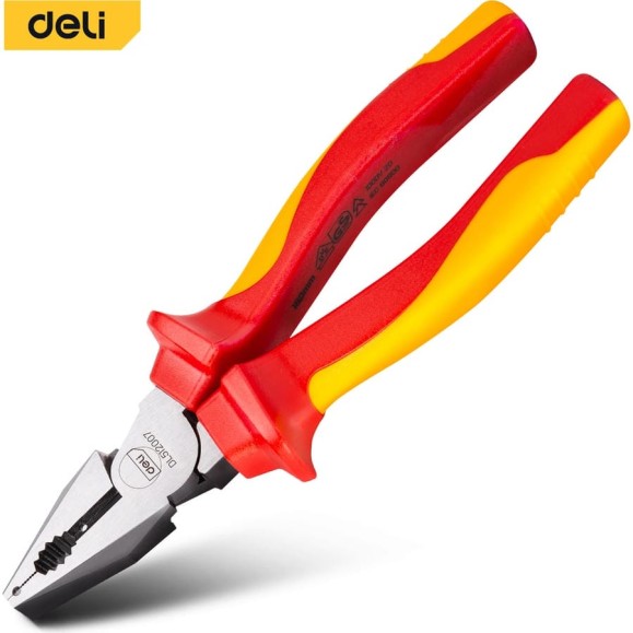 Диэлектрические комбинированные плоскогубцы DELI dl512007 180мм (сертификат vde до 1000в, сталь cr-v, рукоять pp+tpr) 110599