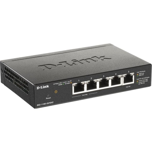 Настраиваемый l2 коммутатор d-link с 5 портами 10/100/1000base-t 2 порта poe, 1 порт для питания коммутатора по poe DGS-1100-05PDV2/A1A Настраиваемый l2 коммутатор d-link с 5 портами 10/100/1000base-t 2 порта poe, 1 порт для питания коммутатора по poe DGS-1100-05PDV2/A1A