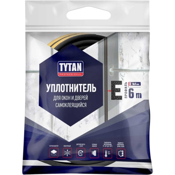 Уплотнитель для окон и дверей Tytan Professional e 6 м, 9х4 мм, черный 260672 Уплотнитель для окон и дверей Tytan Professional e 6 м, 9х4 мм, черный 260672