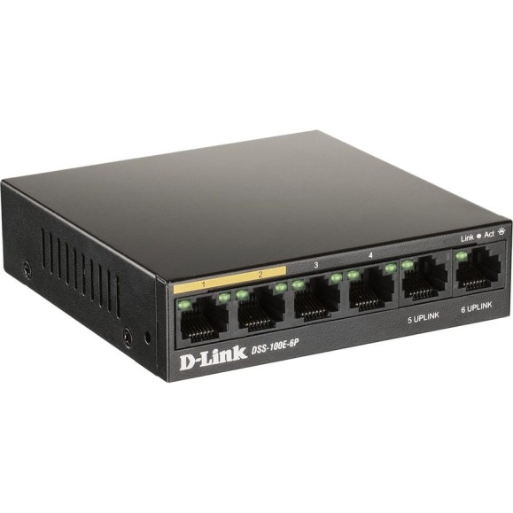 Неуправляемый коммутатор d-link с 6 портами 10/100base-tx, 4 порта poe 802.3af/at, poe-бюджет 55 вт, дальность до 250 м DSS-100E-6P/A1A Неуправляемый коммутатор d-link с 6 портами 10/100base-tx, 4 порта poe 802.3af/at, poe-бюджет 55 вт, дальность до 250 м DSS-100E-6P/A1A