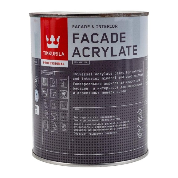 Краска Tikkurila FACADE ACRYLATE акрилатная, универсальная для фасадов и интерьеров, база A 0,9л 205604 700012339 Краска Tikkurila FACADE ACRYLATE акрилатная, универсальная для фасадов и интерьеров, база A 0,9л 205604 700012339