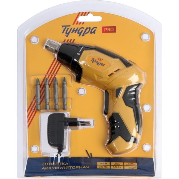 Аккумуляторная отвертка ТУНДРА PRO 74617 3.6 В, Li-ion, 1.3 Ач, 200 об/мин, 3.5 Нм, HEX 1/4 9802709 Аккумуляторная отвертка ТУНДРА PRO 74617 3.6 В, Li-ion, 1.3 Ач, 200 об/мин, 3.5 Нм, HEX 1/4 9802709