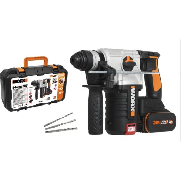 Перфоратор аккумуляторный бесщеточный WORX, 20 В, 4 А·ч x 2, ЗУ 2 А, кейс WX380 Перфоратор аккумуляторный бесщеточный WORX, 20 В, 4 А·ч x 2, ЗУ 2 А, кейс WX380