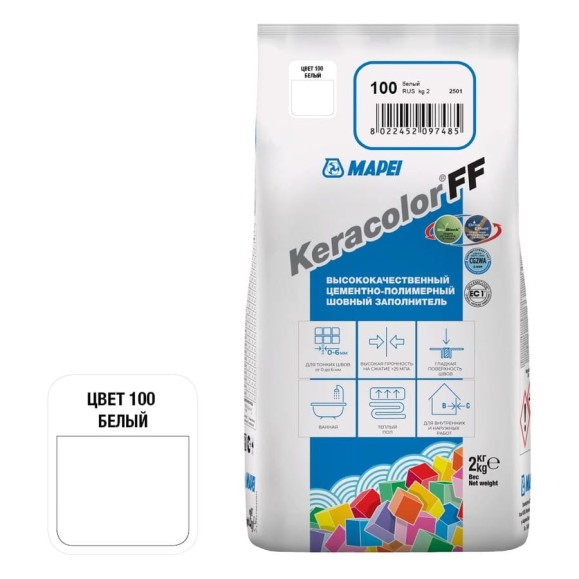 Затирка MAPEI KERACOLOR FF № 100/2кг (Белый) 5QA010002A Затирка MAPEI KERACOLOR FF № 100/2кг (Белый) 5QA010002A