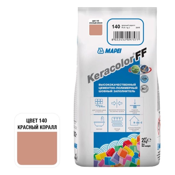 Затирка MAPEI KERACOLOR FF № 140, 2 кг, красный коралл 5QA014002A Затирка MAPEI KERACOLOR FF № 140, 2 кг, красный коралл 5QA014002A