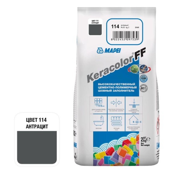 Затирка MAPEI KERACOLOR FF № 114, 2 кг, антрацит 5QA011402A Затирка MAPEI KERACOLOR FF № 114, 2 кг, антрацит 5QA011402A