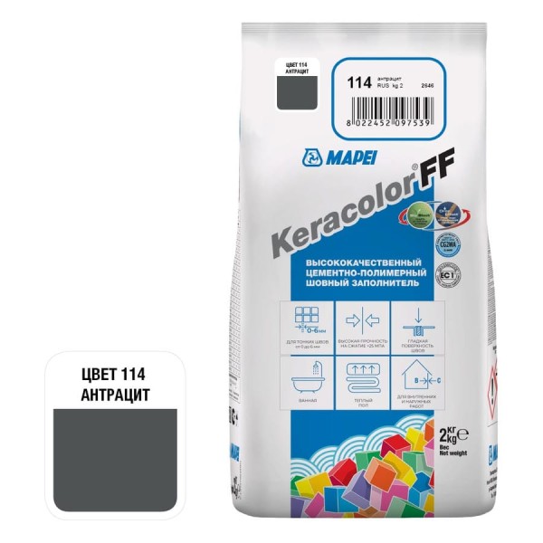 Затирка MAPEI KERACOLOR FF № 114, 2 кг, антрацит 5QA011402A