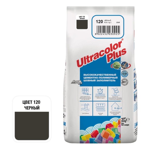 Затирка MAPEI ULTRACOLOR PLUS №120 для швов с водоотталкивающим и антигрибковым эффектом, черный 2кг 6652 6012002A Затирка MAPEI ULTRACOLOR PLUS №120 для швов с водоотталкивающим и антигрибковым эффектом, черный 2кг 6652 6012002A