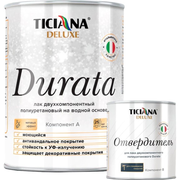 Лак Ticiana DeLuxe двухкомпонентный, полиуретановый, с отвердителем, Durata 1 л 4300008138 Лак Ticiana DeLuxe двухкомпонентный, полиуретановый, с отвердителем, Durata 1 л 4300008138