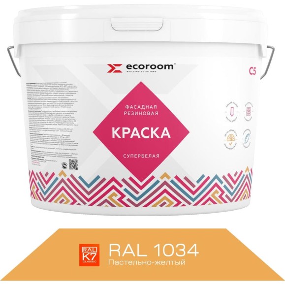 Фасадная резиновая краска ECOROOM RAL 1034 пастельно-желтый, 7 кг Е-Кр-3383/1034 Фасадная резиновая краска ECOROOM RAL 1034 пастельно-желтый, 7 кг Е-Кр-3383/1034