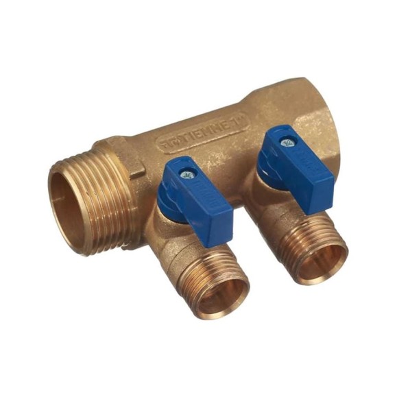 Коллектор Tiemme 2 отвода, с шаровыми клапанами 1х1/2"(16) (латунь) синие ручки 1820042 Коллектор Tiemme 2 отвода, с шаровыми клапанами 1х1/2"(16) (латунь) синие ручки 1820042