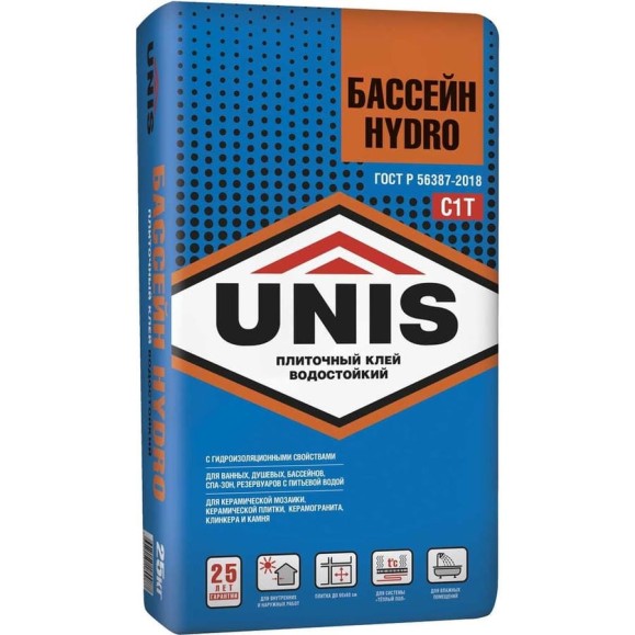 Плиточный клей UNIS Бассейн класс C1T, 25 кг 24669 4607005180087