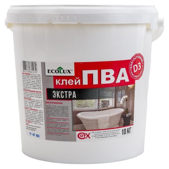 Экстра влагостойкий клей ПВА ECOLUX D3 10 кг 4607133681470 Экстра влагостойкий клей ПВА ECOLUX D3 10 кг 4607133681470