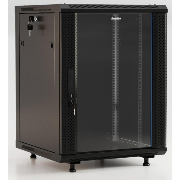 Настенный 19-дюймовый шкаф Hyperline 15U, 787x600x600мм, стеклянная дверь с перфорацией по бокам, ручка с замком, с возможностью установки на ножки (в комплекте), цвет черный, разобранный 395556 Настенный 19-дюймовый шкаф Hyperline 15U, 787x600x600мм, стеклянная дверь с перфорацией по бокам, ручка с замком, с возможностью установки на ножки (в комплекте), цвет черный, разобранный 395556