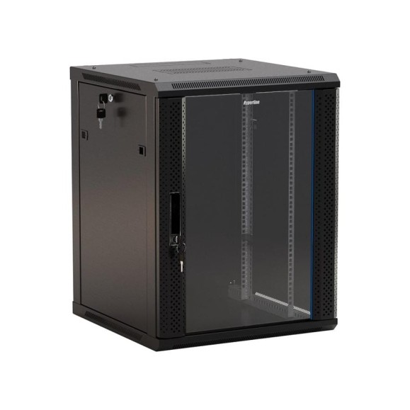 Настенный 19-дюймовый шкаф Hyperline 22U, 1098x600x600мм, стеклянная дверь с перфорацией по бокам, ручка с замком, с возможностью установки на ножки (в комплекте), цвет черный, разобранный 395583 Настенный 19-дюймовый шкаф Hyperline 22U, 1098x600x600мм, стеклянная дверь с перфорацией по бокам, ручка с замком, с возможностью установки на ножки (в комплекте), цвет черный, разобранный 395583
