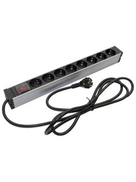 Блок розеток Hyperline для 19" шкафов, горизонтальный, 8 розеток Schuko, выключатель с подсветкой, кабель питания 2.5м (3x1.5мм2) с вилкой Schuko 16A, 250В, 482.6x44.4x44.4мм (ШxГxВ), корпус алюминий 459583